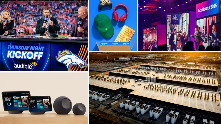 Collage featuring TNF sports broadcast, Alexa accessories, Amazon Prime Day box, Accelerate conference event, AWS data center.