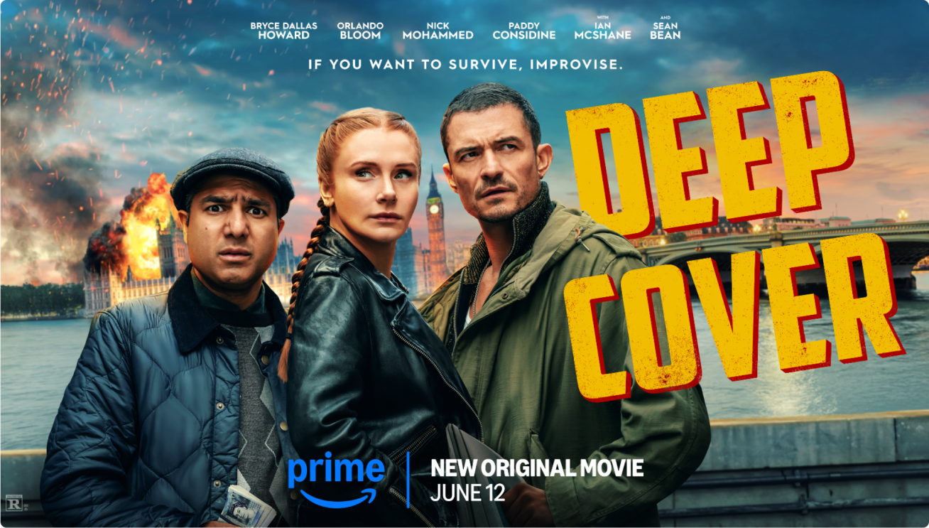 Artwork for Deep Cover, with three individuals in front of the River Thames and an explosion behind them