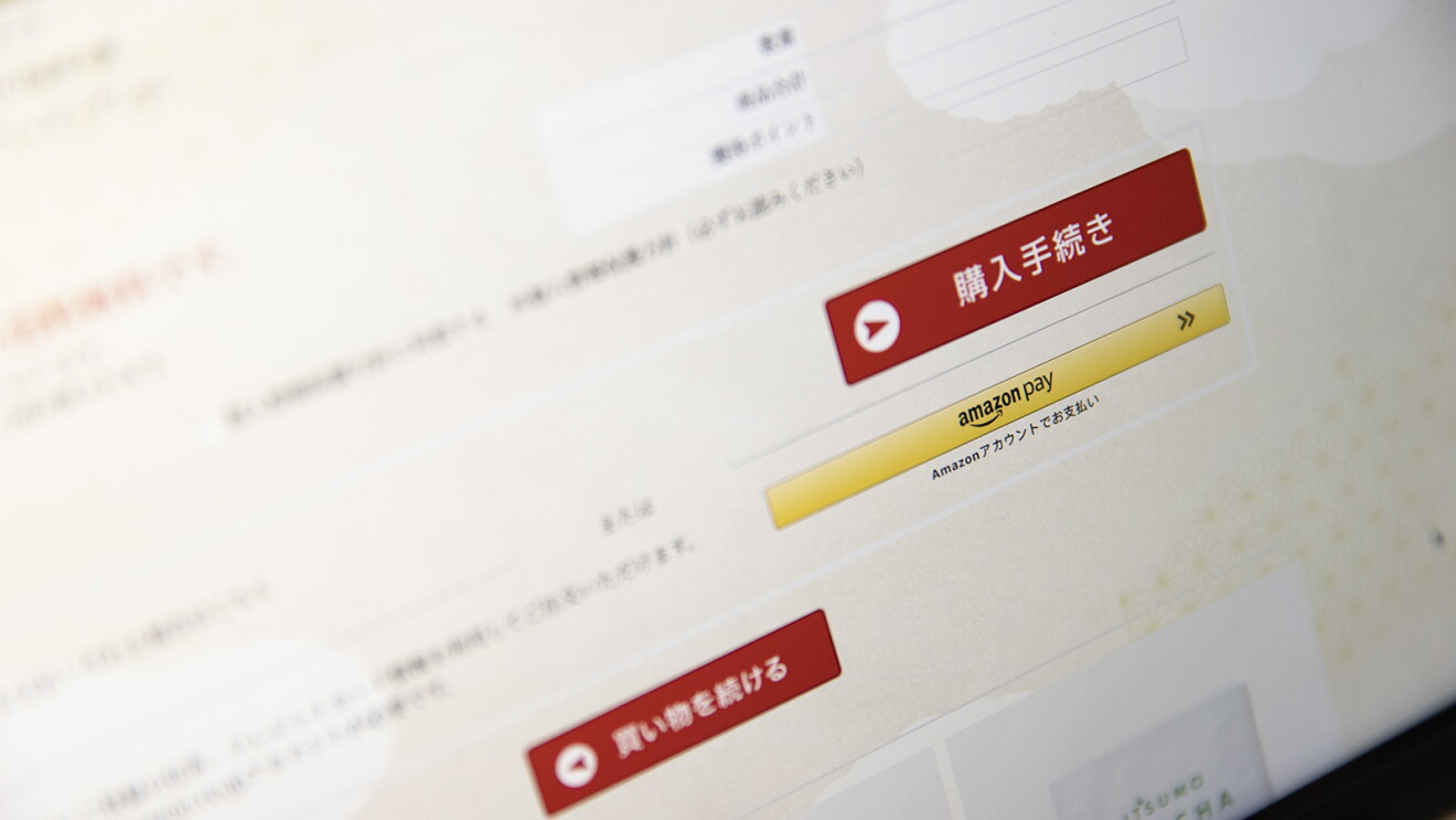 パソコン画面。赤い「購入手続き」のボタンの下に「Amazon Pay　Amazonアカウントでお支払い」の文字