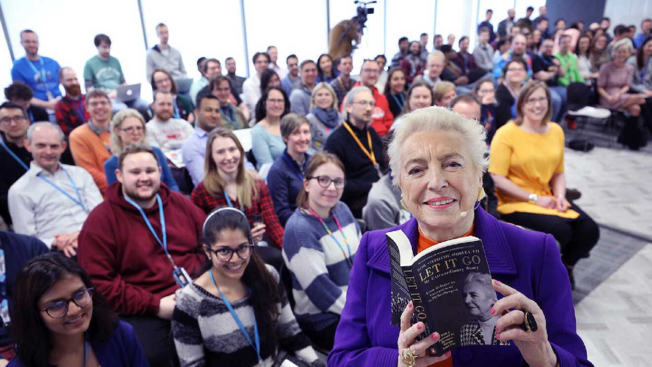 Dame Stephanie Shirley speaking at the Amazon Cambridge Development Centre