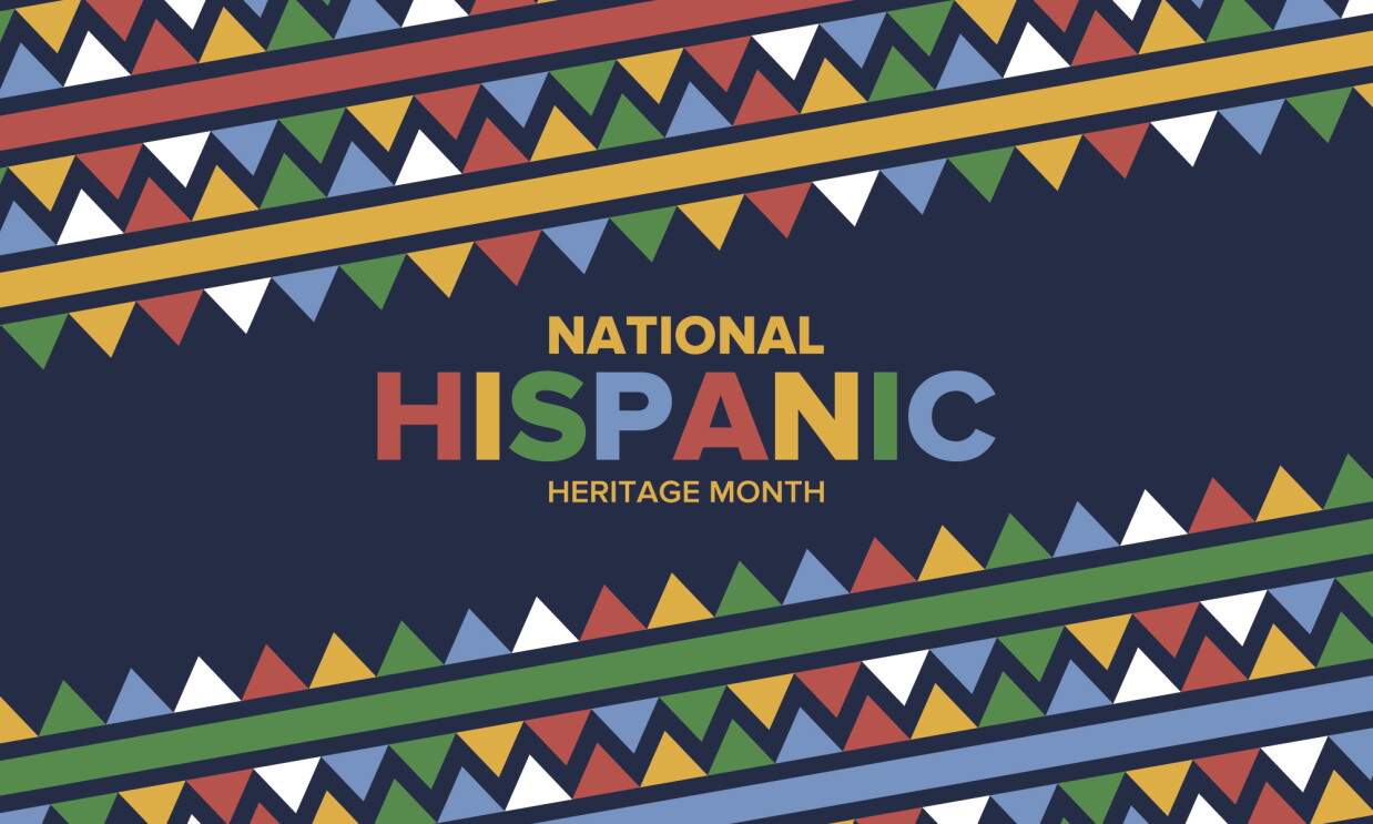 An illustration on a blue background with multicolored flags and "National Hispanic Heritage Month" in text