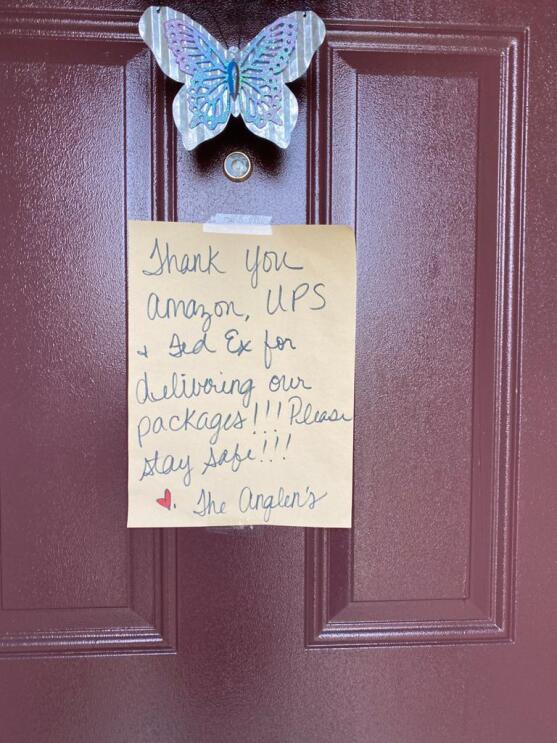 A customer note of thanks to Amazon delivery drivers