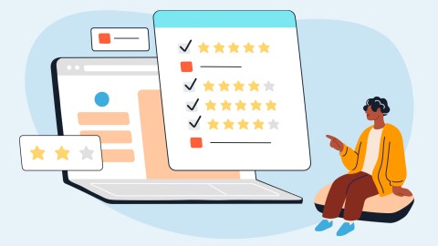 A graphic of a person sitting on a pillow and pointing to a giant laptop with pop-up screens that show reviews.