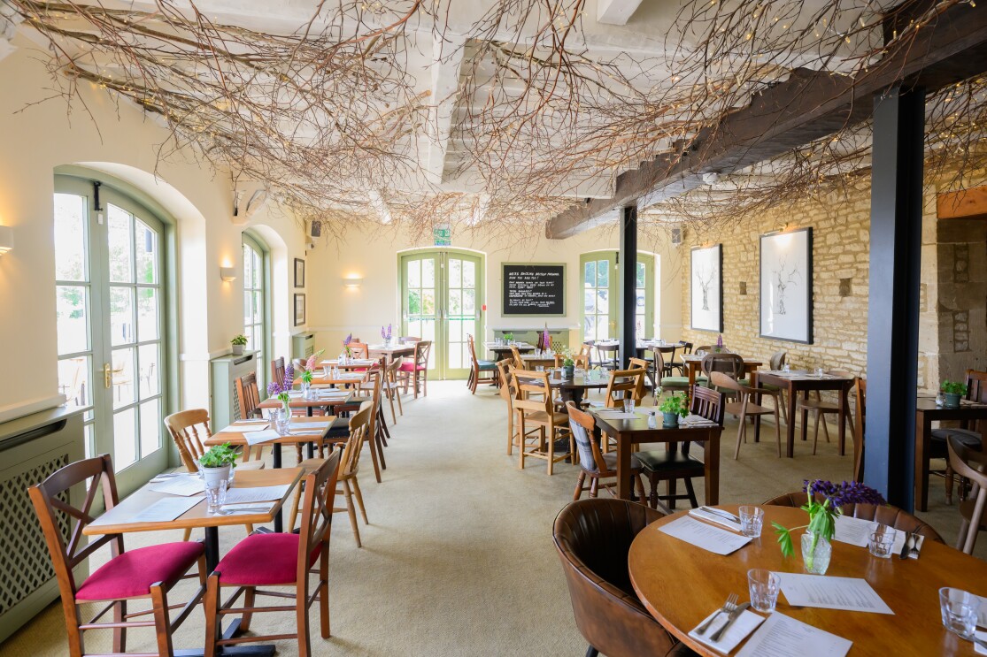 The dining room at The Farmer's Dog in Burford, Jeremy Clarkson's proper British pub from Clarkson's Farm season 4