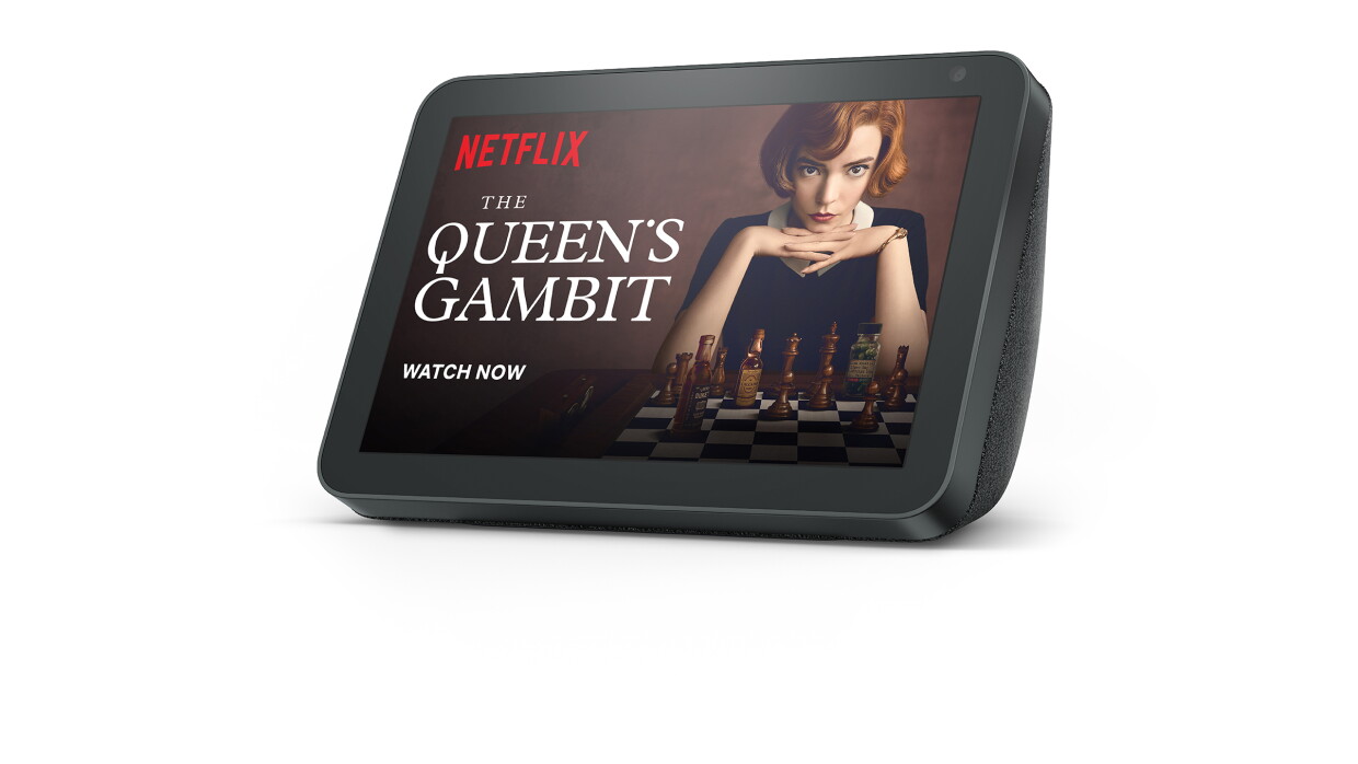 An Amazon Echo Show displaying a Netflix page for the show "The Queens Gambit"