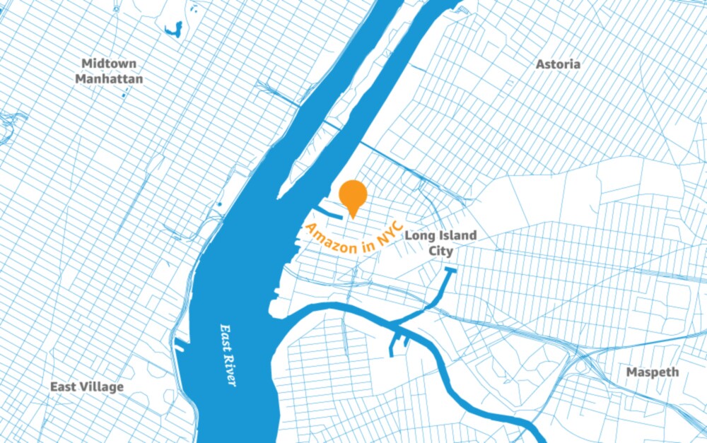 Map of the New York City area with a pin placed to illustrate the location of a new Amazon headquarters.