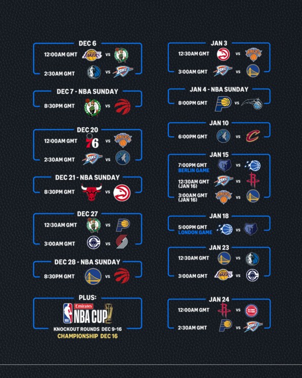 NBA game schedule from December to January with team logos and match times