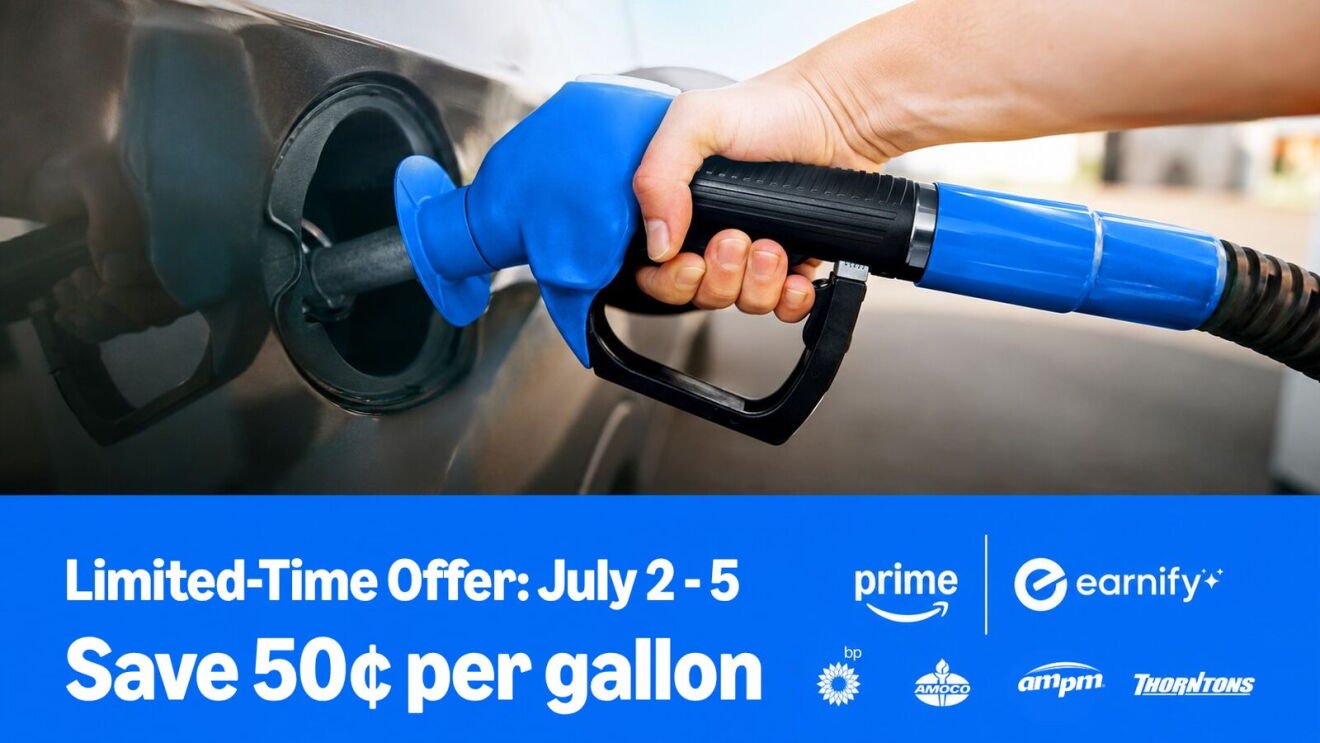Hand holding blue gas pump nozzle filling car tank with promotional text for 50 cents per gallon savings July 2-5