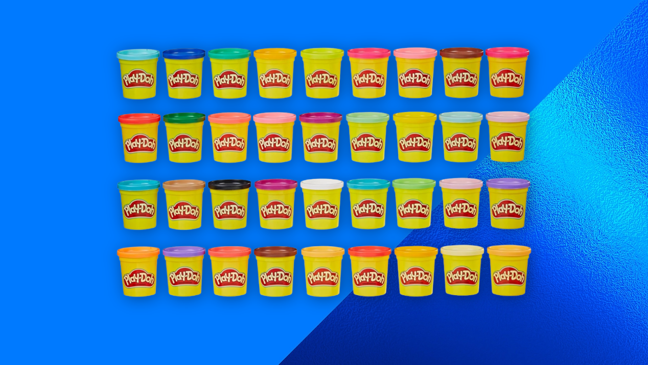 Play-Doh Modeling Compound 36-Pack Case of Colors against a blue background.