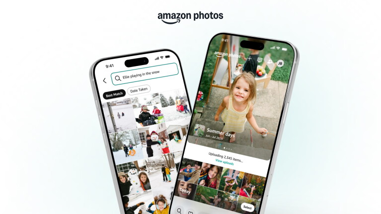 Two smartphones displaying Amazon Photos app with family photo collections and search features