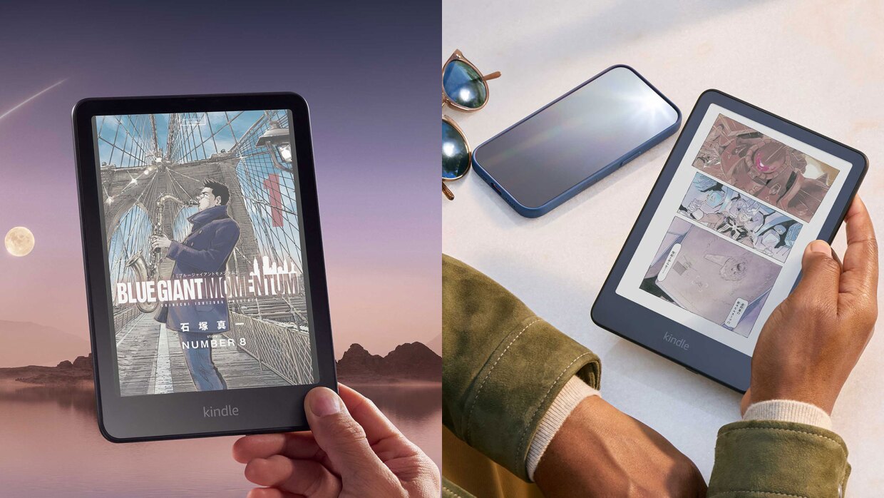 黒いフレームのKindle使用シーン2種類。左は水面と山を背景に端末を右手で軽く持つ様子。右は白い台の上に両腕を置いて右手を添えたKindleでコミックを読む様子。台にはサングラスとスマートフォンも置かれている。