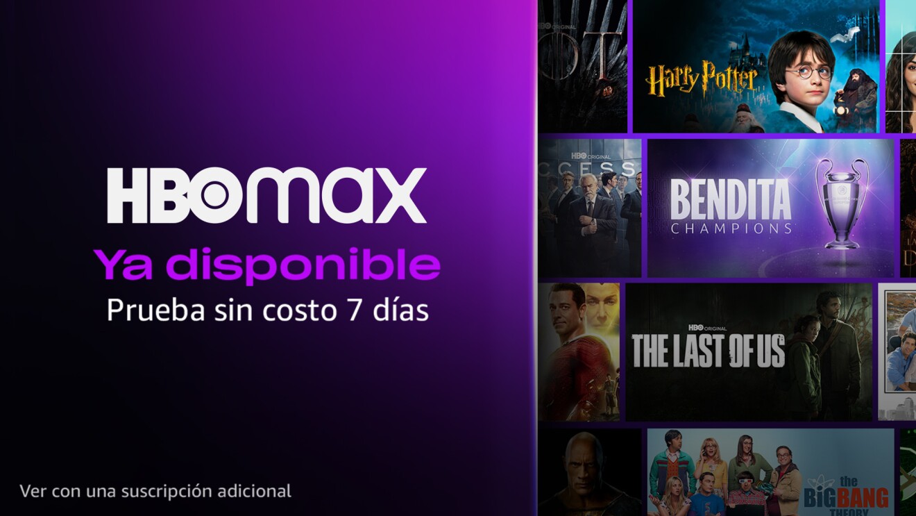 Fotomontaje con dos partes. En la izquierda, sobre fondo morado, HBOMAX Ya disponible Prueba sin costo 7 días. Y en laprte derecha diferentes carteles de series de HBO. Cada foto tiene un marco morado. En el centro hay la copa de la Champions y el texto Bendita Champions.