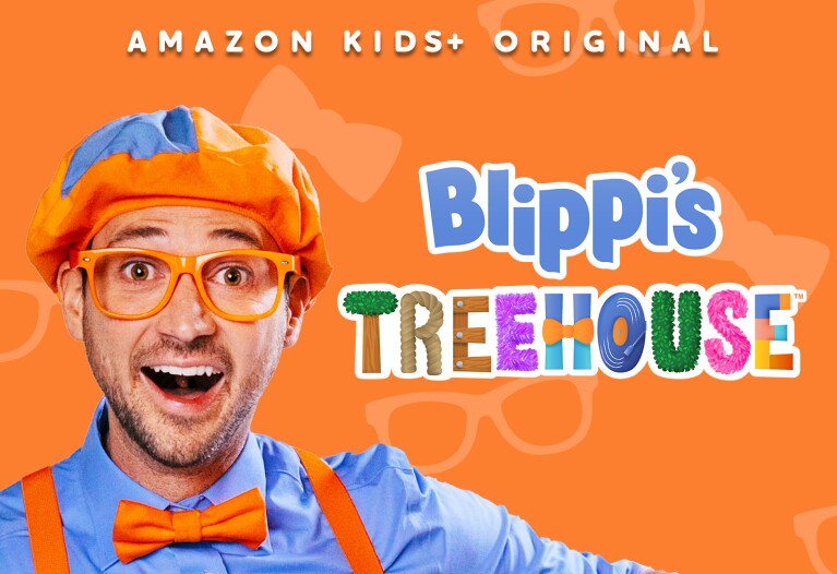 A cover image of "Blippi’s Treehouse" with an orange background and text at the top that reads "Amazon Kids+ original."