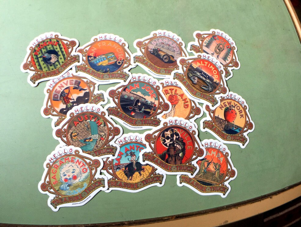 Stickers representing many of the U.S. Treasure Truck designs by Martz