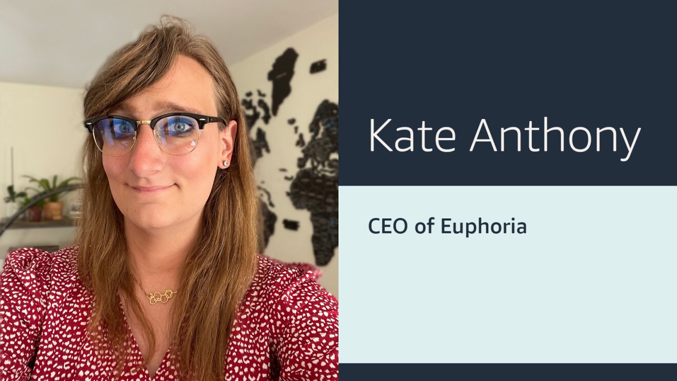 An info card that includes the headshot of a woman wearing a red and white polka dot shirt on the left, and text that reads "Kate Anthony CEO of Euphoria" on the right with two shades of blue in the background. 