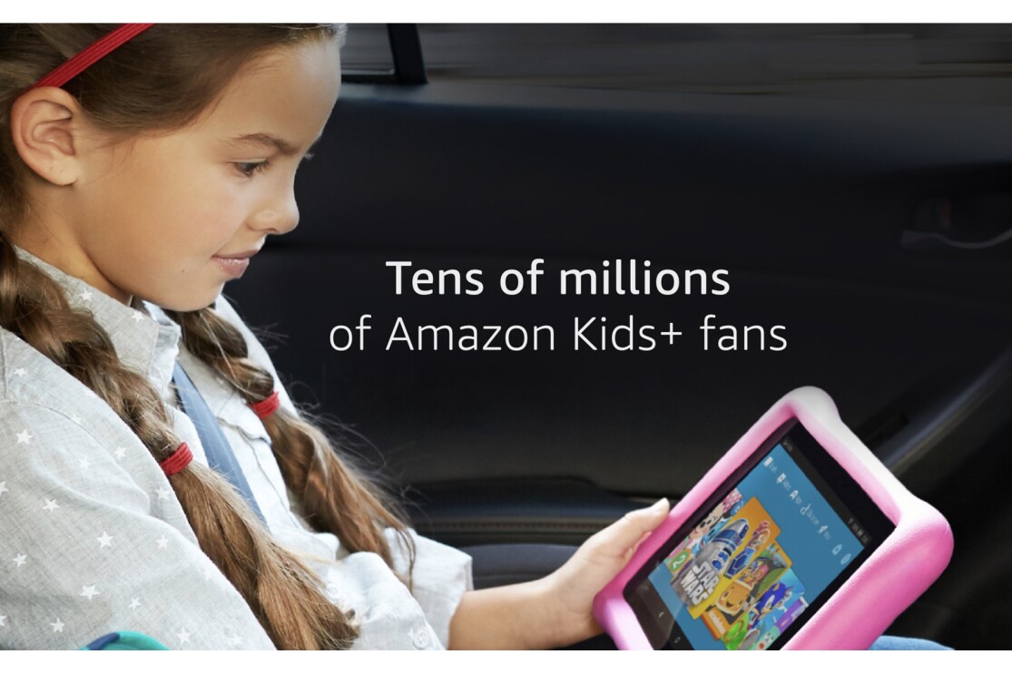 An image of a little girl in a car, with copy that says "Tens of millions of Amazon Kids+ fan"