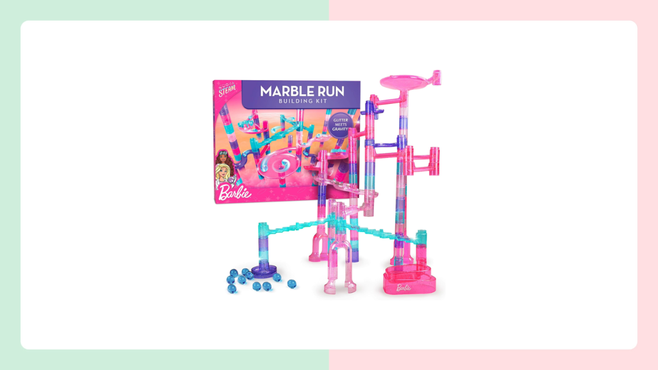 Barbie Marble Run Building Kit with colorful towers and blue marbles