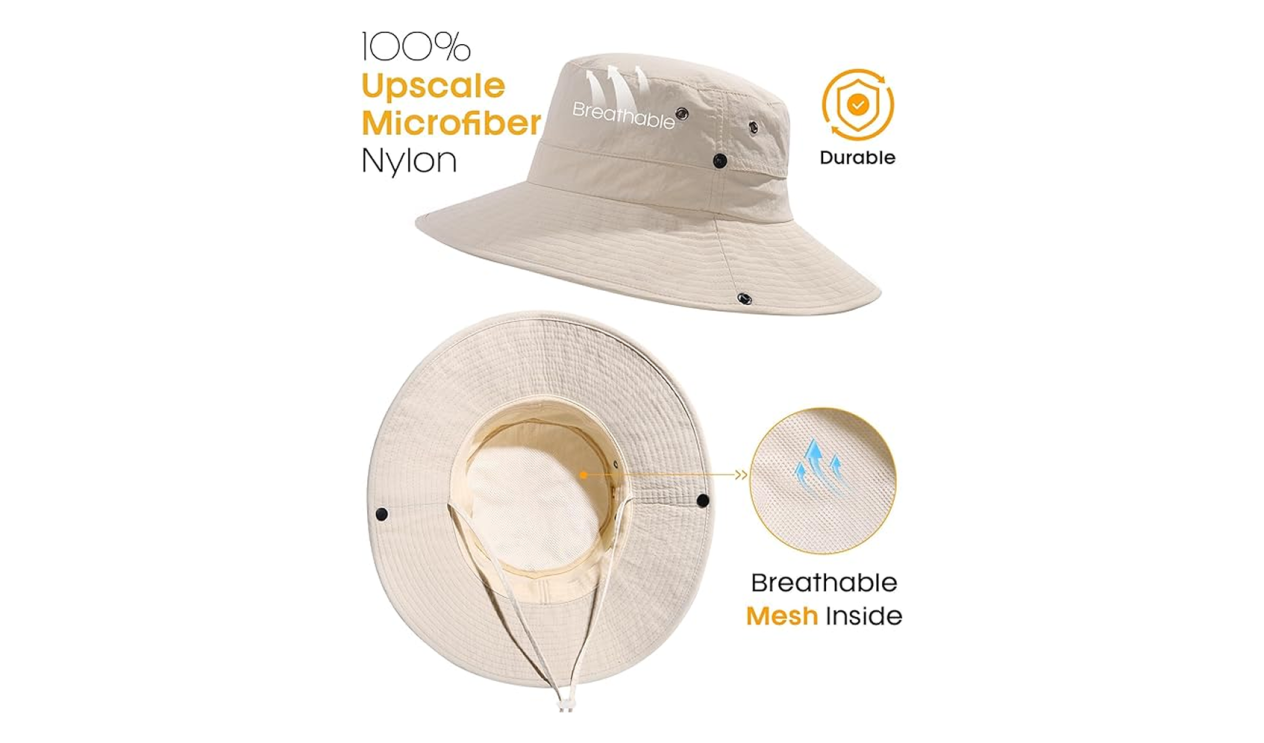 Beige sun hat with breathable mesh and durable microfiber construction
