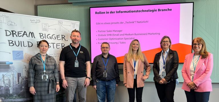 Gruppenbild des Teams von AWS beim Wiener Töchtertag 2022 vor einem Plakat mit der Aufschrift "Dream bigger. Build faster" und einer Leinwand mit der Aufschrift "Rollen in der Informationstechnologie Branche". Zu sehen sind Agnes Balaz, Alex Matai, Andreas Juffinger, Petra Wolf, Hildegard Kerschbaumer und Nina Michor.