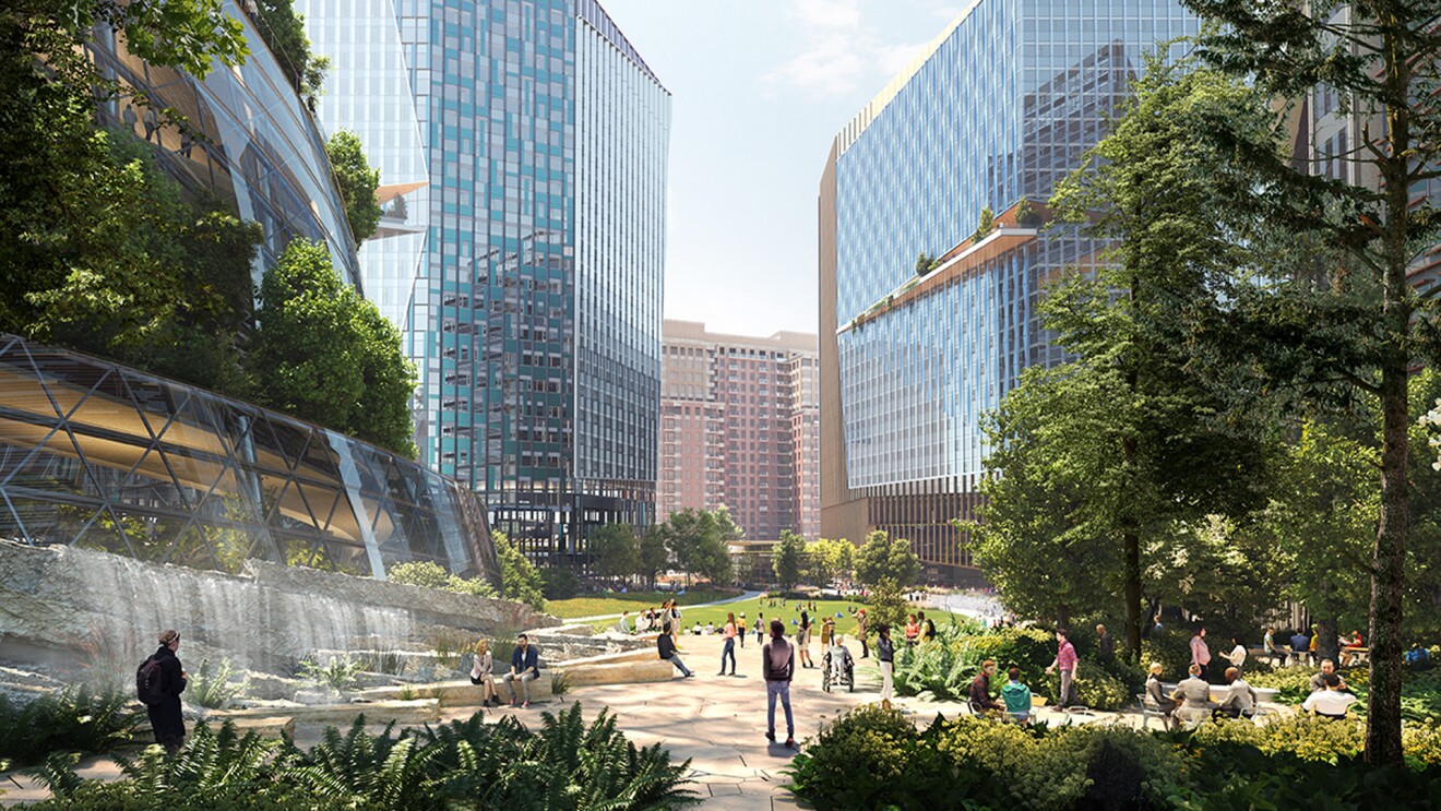 Renderings tal-bini ġdid tal-Amazon, HQ2 minn barra.