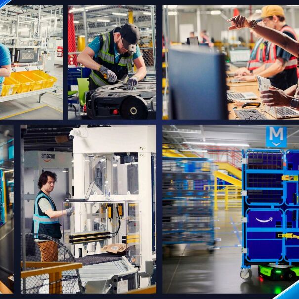 Images of Amazon employees working with robots at an Amazon fulfillment center in Shreveport, Louisiana.