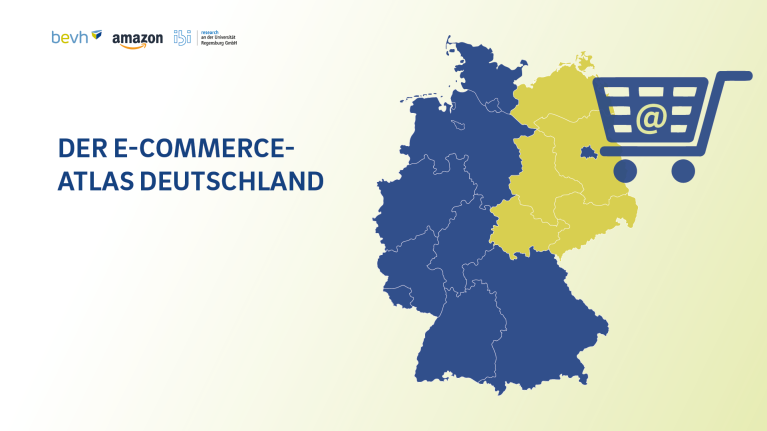 Grafik einer Deutschlandkarte mit Einkaufswagen zum Thema „Der E-Commerce Atlas Deutschland“