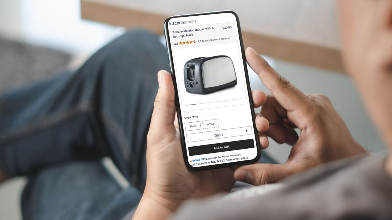 A customer browses a toaster listing on a smartphone