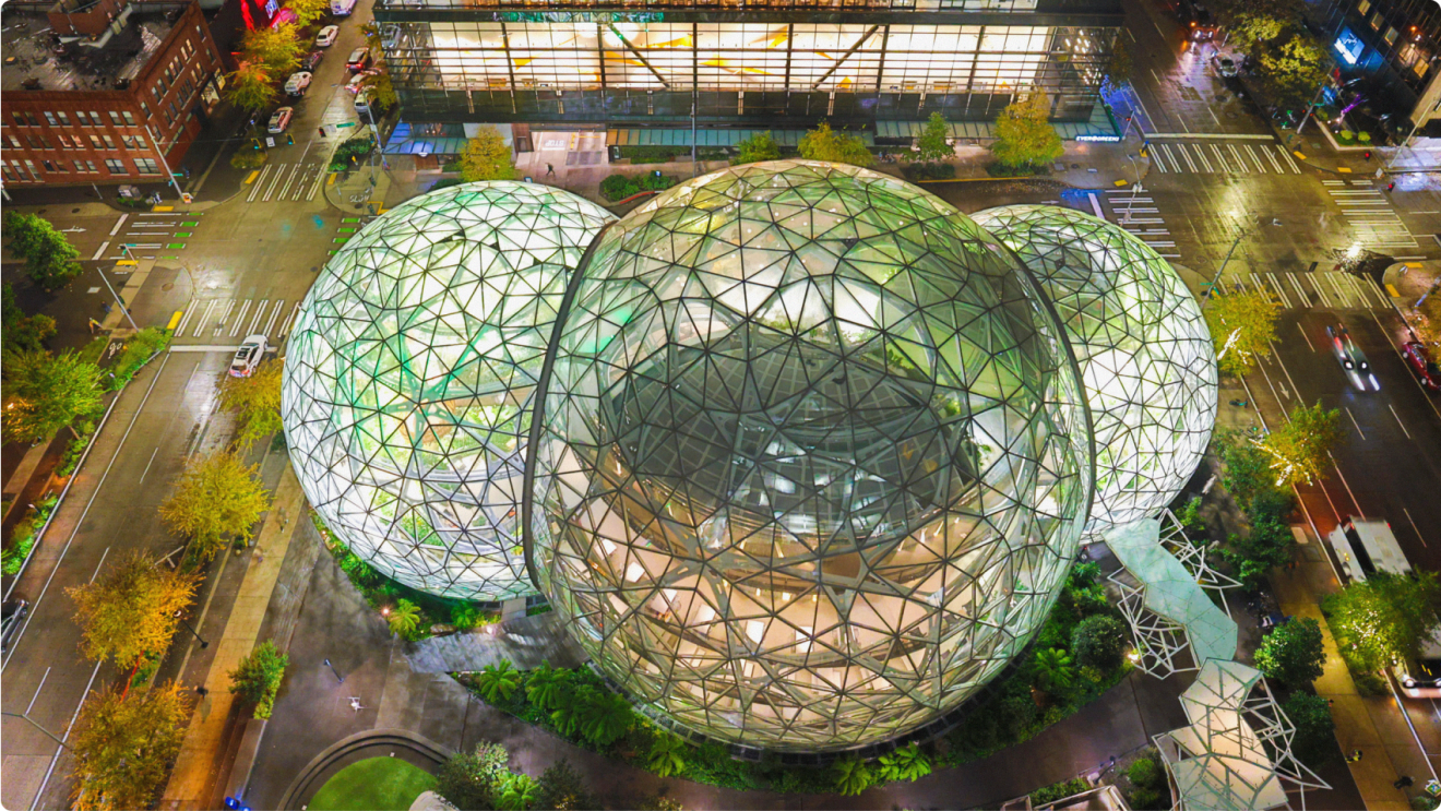 Amazon's Seattle HQ, with three large glass spheres housing offices and other amenities