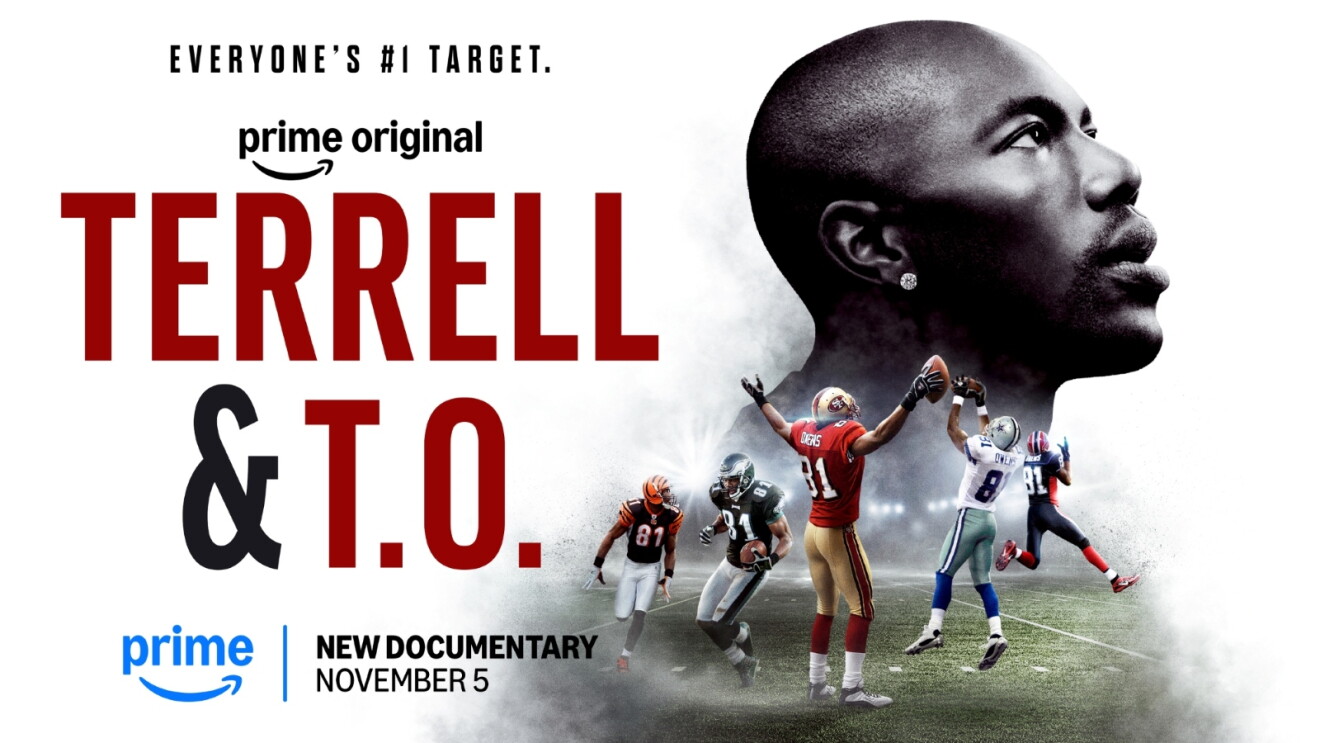 Promotional art for 'Terrell & T.O.' on Prime Video, football players on field
