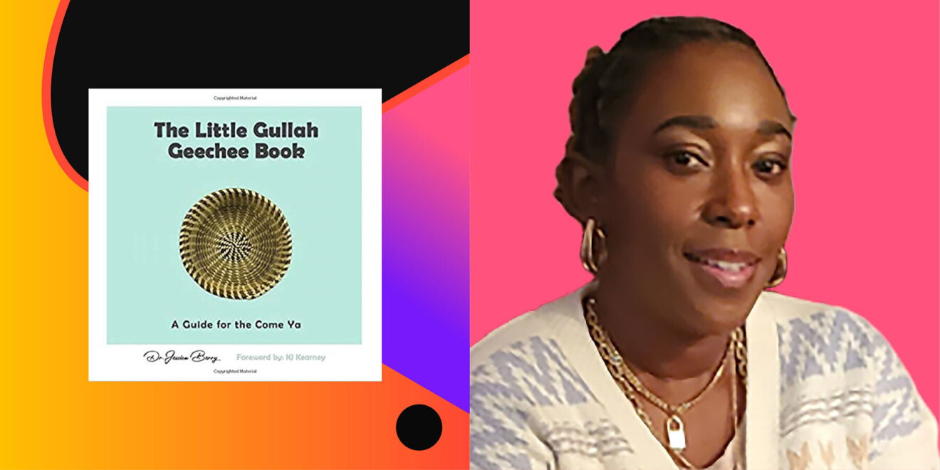 An image of a book cover on the left and a headshot of Shenieka Smalls-Voluntad on the right with a colorful background.