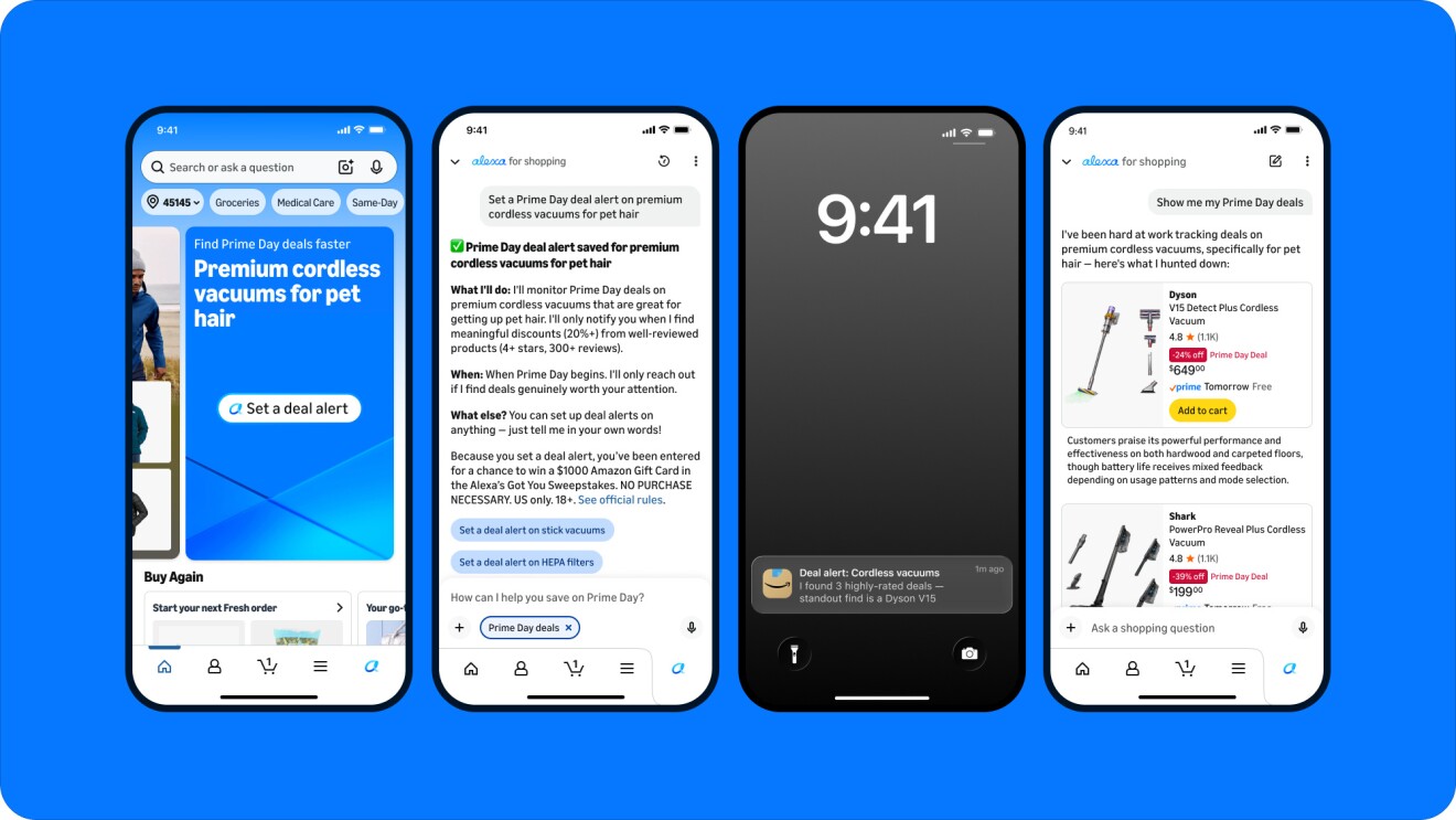 Four smartphone screens showing Amazon's Alexa for shopping interface with Prime Day 2026 vacuum deals and product recommendations