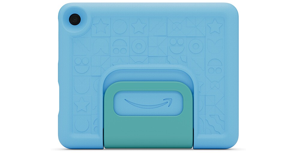 水色のタブレットの背面。左上隅にカメラレンズの穴。中央にAmazonロゴ。