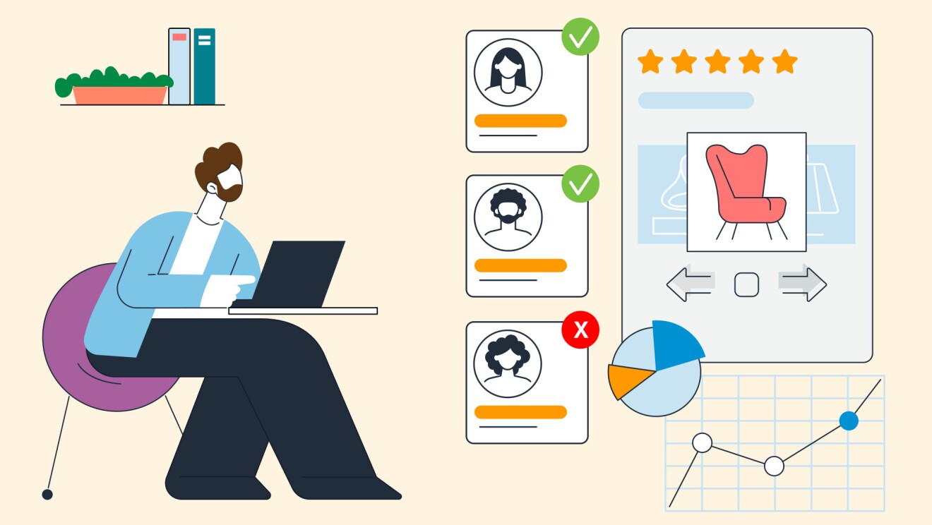 A graphic of a person sitting down and using a laptop. There are pop-outs of graphs of what is on the laptop screen.