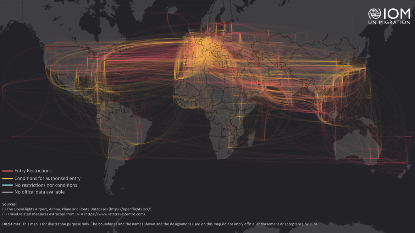 An infographic of a map showing restricted or canceled routes of international entry between countries. It shows that most international travel has been either restricted or closed completely.