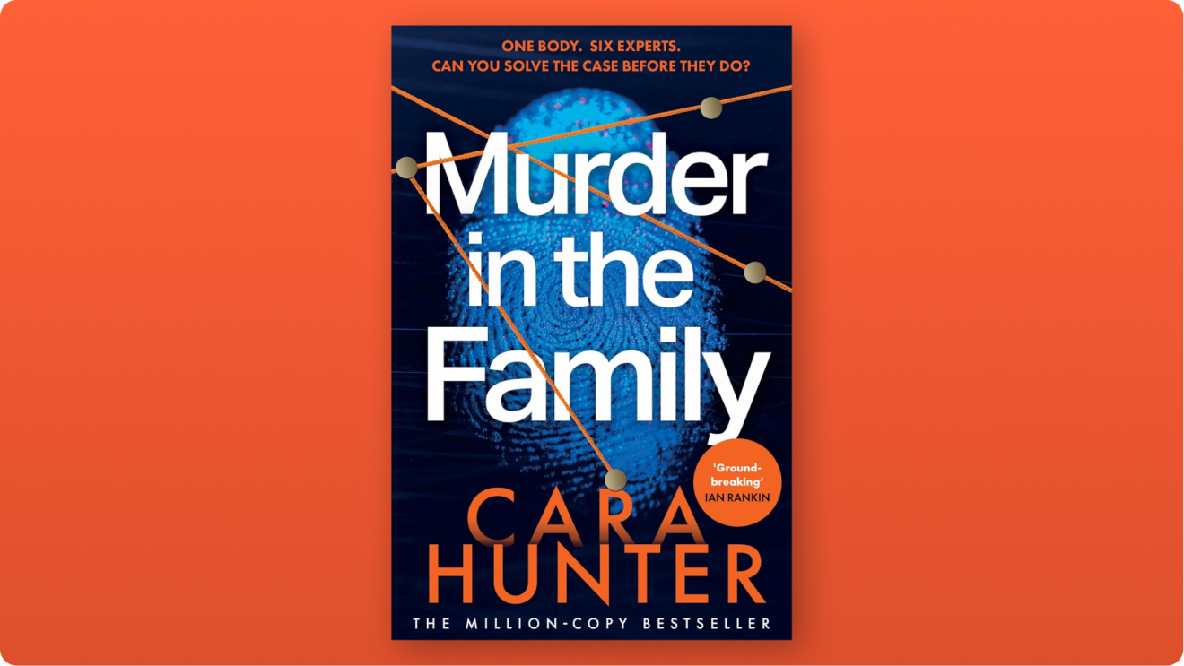 Book cover: Murder in the Family by Cara Hunter, featuring blue fingerprint