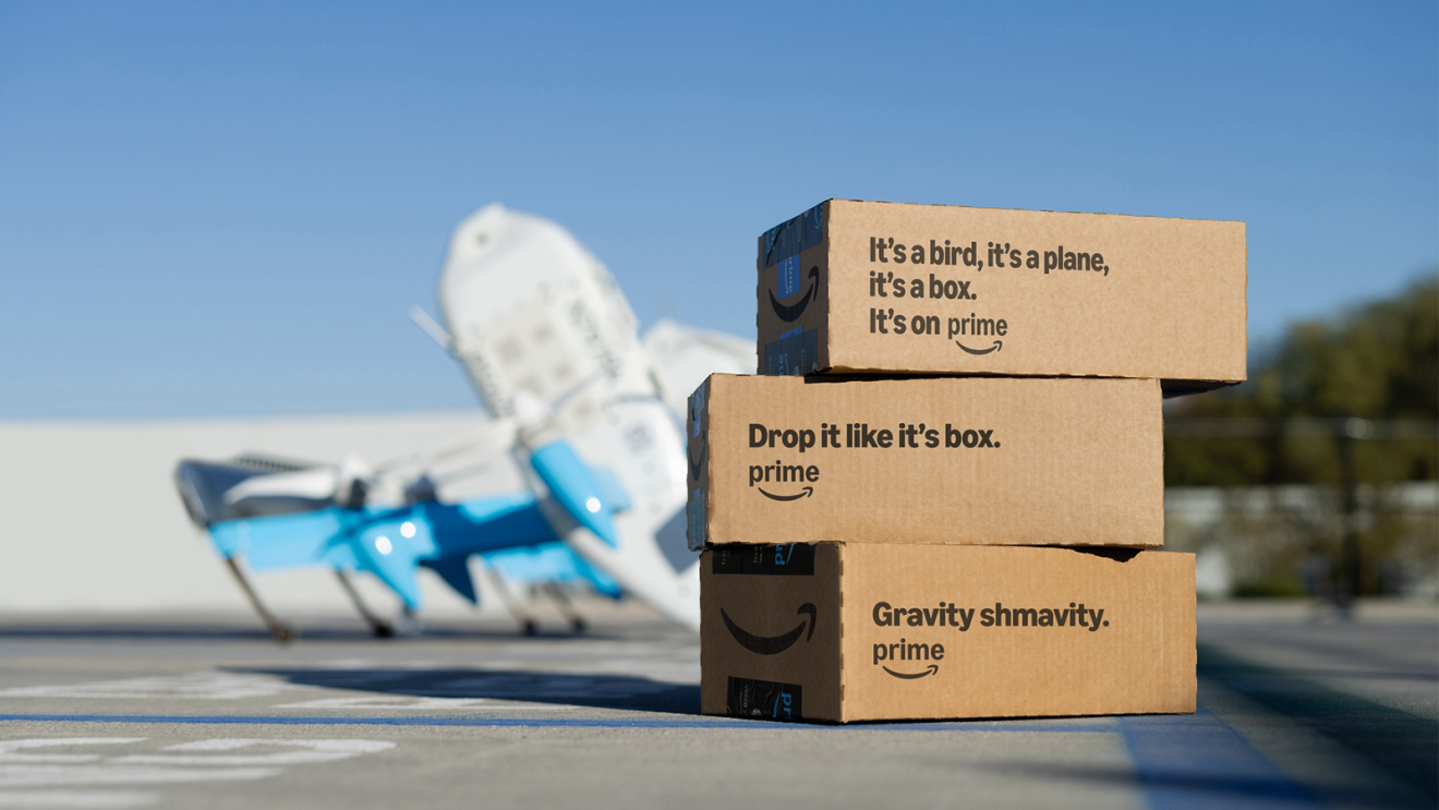Prime packaging with witty messages, Prime Air drone in background
