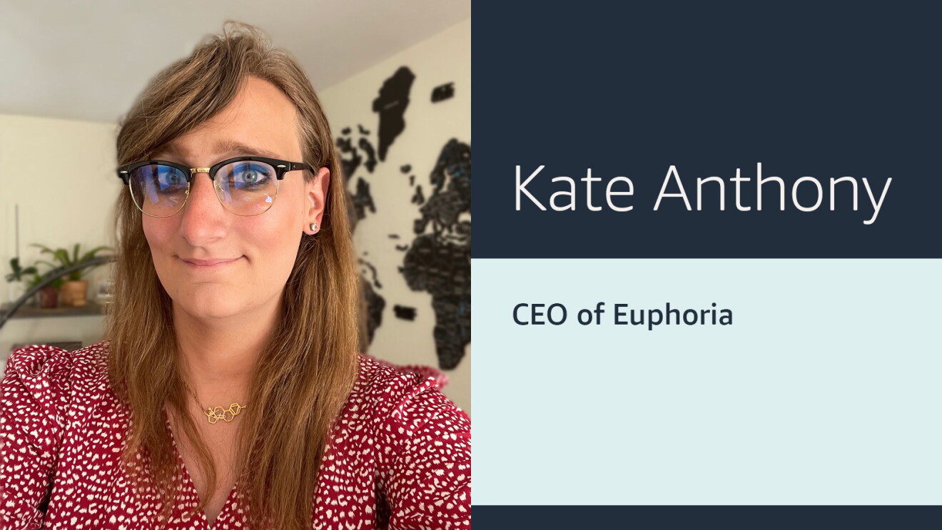 An info card that includes the headshot of a woman wearing a red and white polka dot shirt on the left, and text that reads "Kate Anthony CEO of Euphoria" on the right with two shades of blue in the background.