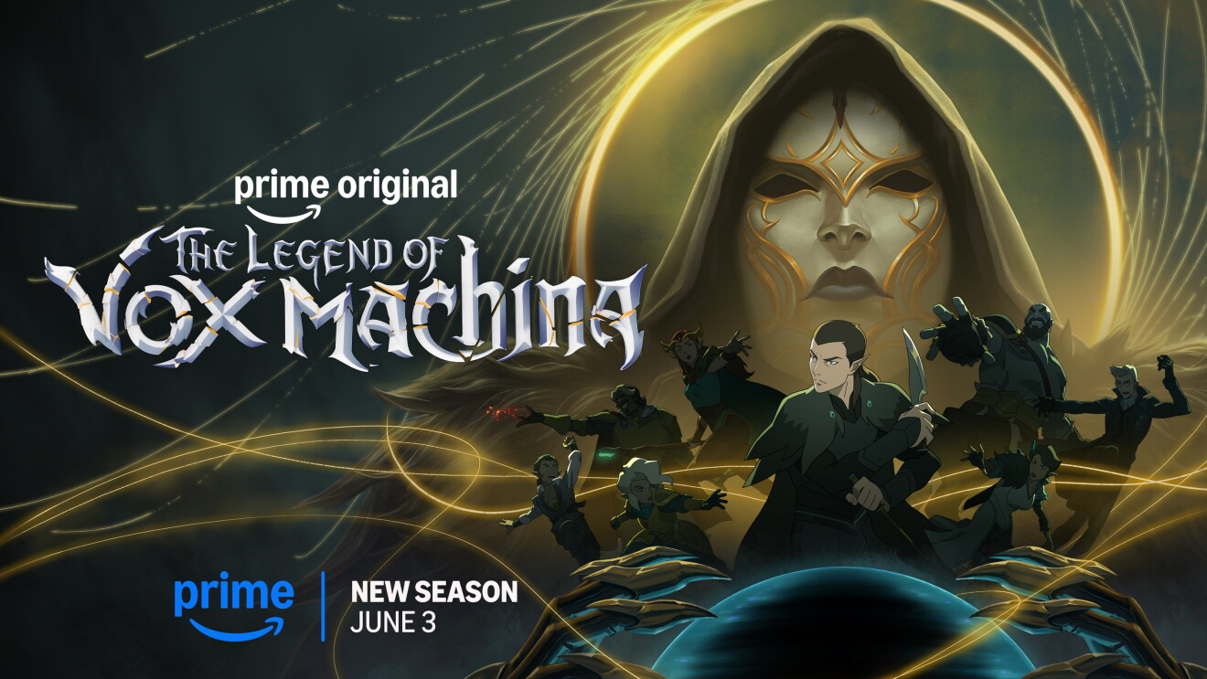 The Legend of Vox Machina promotional poster featuring a hooded figure with golden magical energy and silhouetted heroes, announcing Season 3 premiere on Prime Video June 3