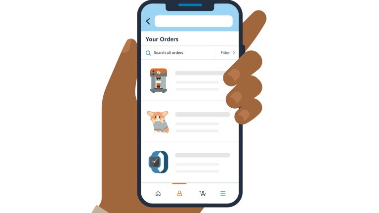 An illustration of a phone with an Amazon order history page appearing on the screen.