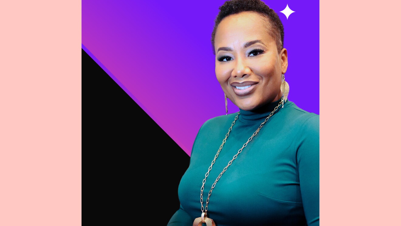 An employee bio card of Dr. Cynthia Sutherland with a pink, purple and black background.