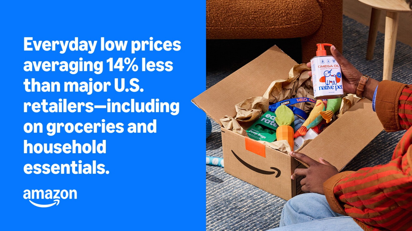 Amazon box opened revealing pet toys and household items, with text about 14% lower prices than major U.S. retailers