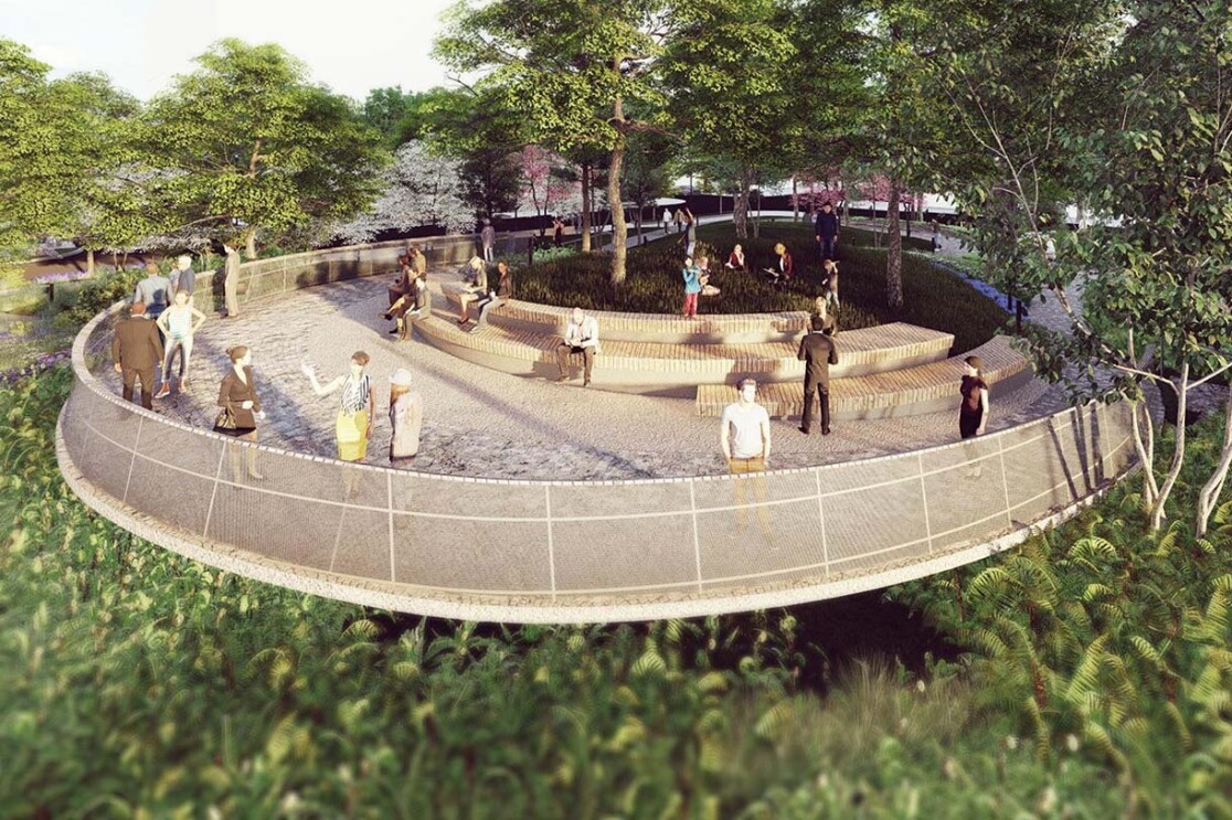 Image renderings showing the Met Park at Amazon's second headquarters in Arlington, Virginia.
