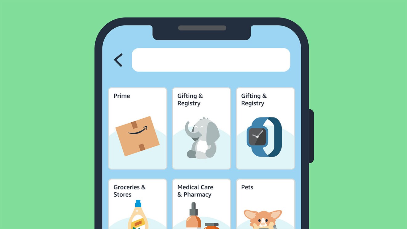Amazon shopping app showing options for Prime, gift registry, groceries, healthcare, pets