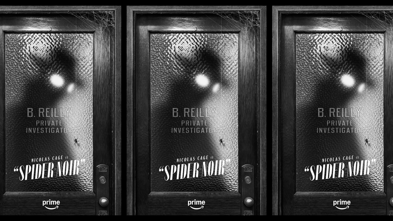 Noir-style movie poster for Spider Noir featuring private investigator office doors