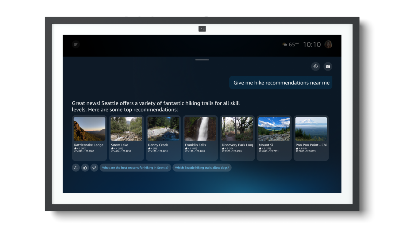 Echo Show Conversation that states, "Great news! Seattle offers a variety of fantastic hiking trails for all skill levels. Here are some top recommendations."