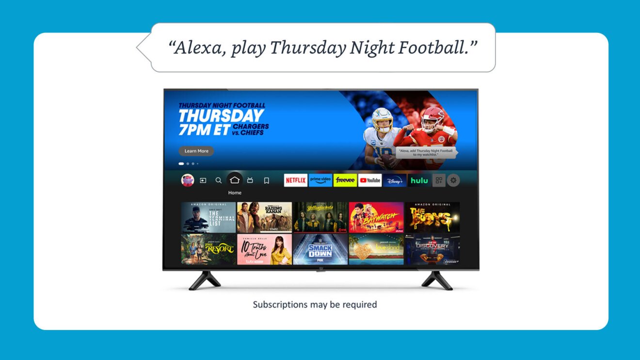 一张Prime Video主屏幕上播放周四晚间橄榄球赛的电视图片,顶部有一个消息框,上面写着“Alexa,播放周四晚间橄榄球赛”。