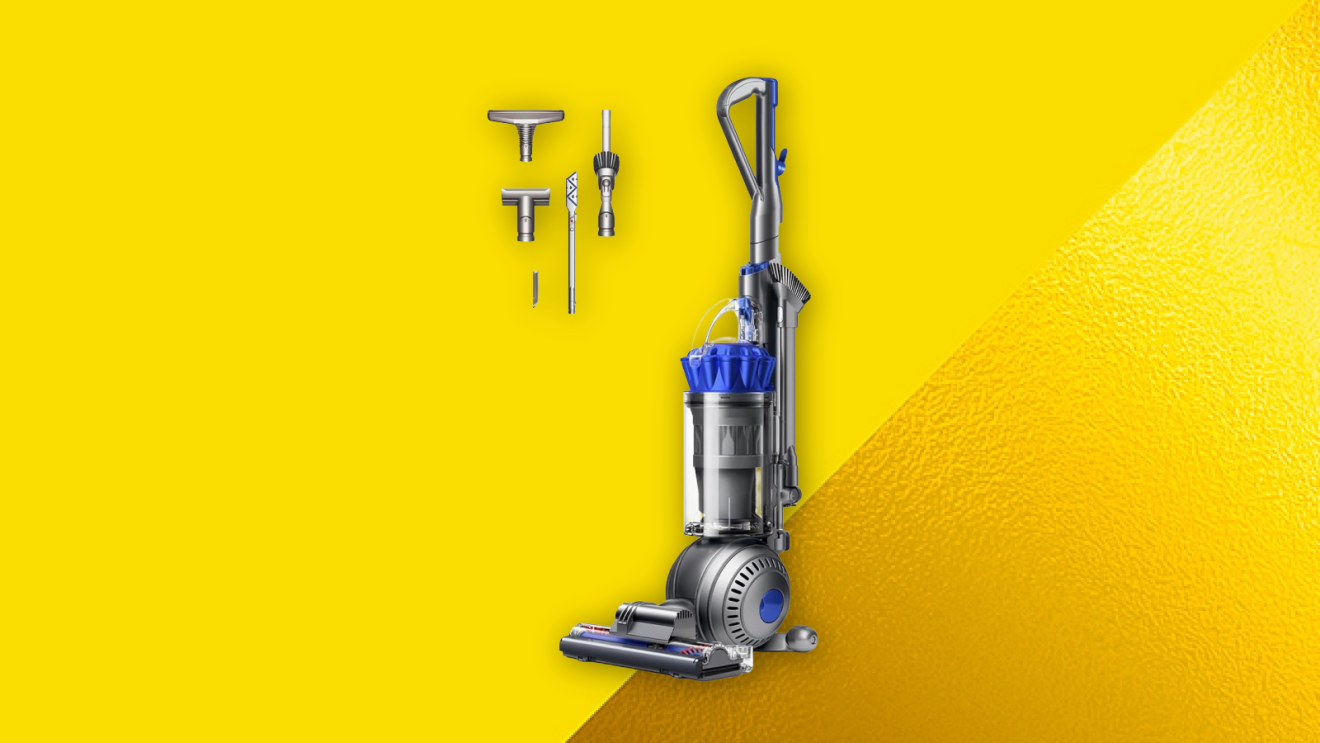 Dyson Ball Animal 2 Plus Corded Vacuum against a vibrant yellow backdrop.