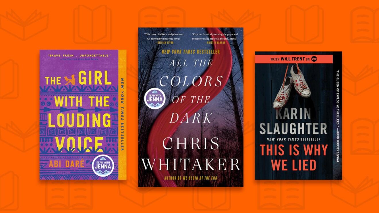Book covers of three popular novels on orange background