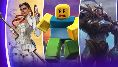 Three graphic characters from video games: a woman with red braids, a white outfit and a gun; a blocky yellow character running; and a man with laser eyes in a medieval costume.  