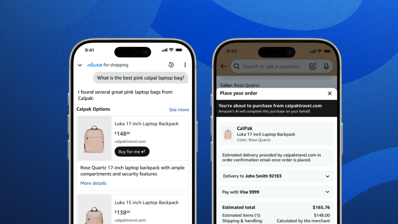 Amazon's Alexa for Shopping interface displaying Calpak laptop backpack search results on left and checkout screen on right
